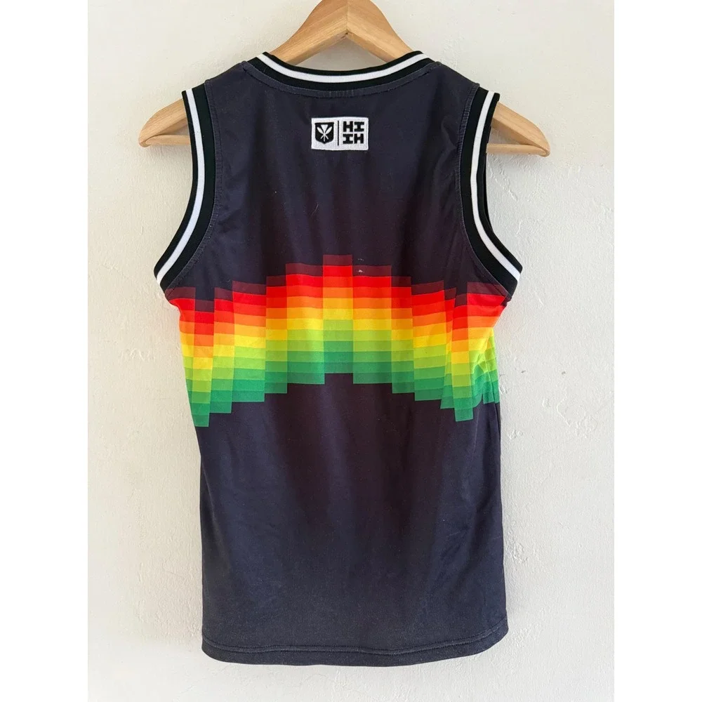 Hawaiis Finest Kids Basketball Jersey Black Rainbow Pixel Gradient Size M